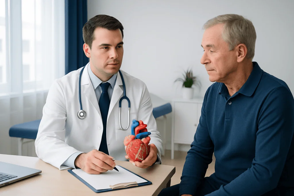 Cardiologist explaining heart health to an older patient in a clinic setting.
