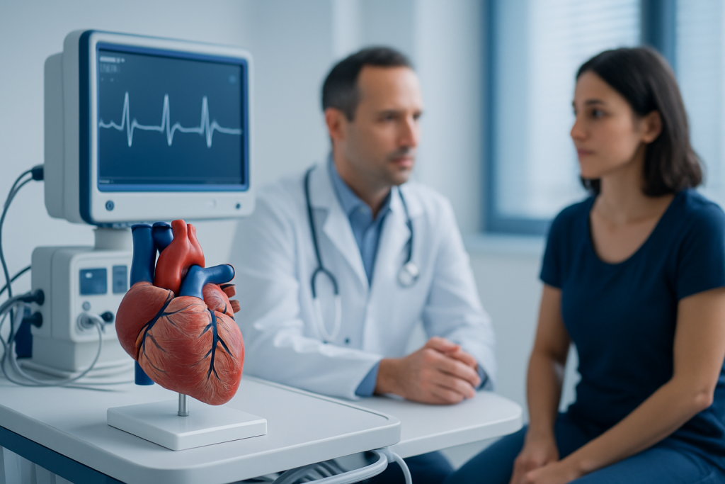 Doctor explaining heart health with ECG monitor and model heart in clinic.