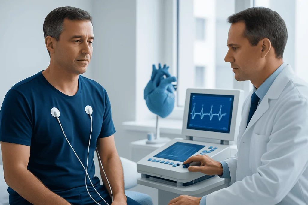 Cardiologist explains heart test results to patient in a medical clinic.