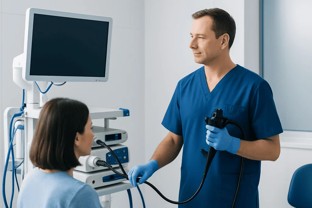 Gastroenterologist performing endoscopy on a patient in a hospital setting.