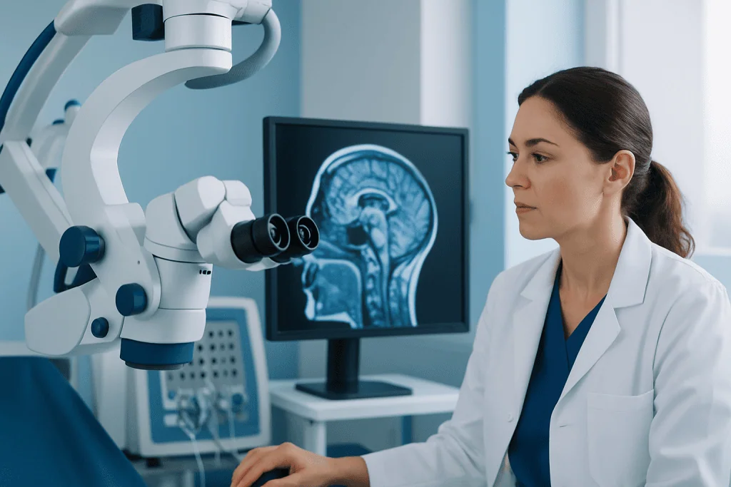 Neurology specialist examining brain scan with advanced equipment.