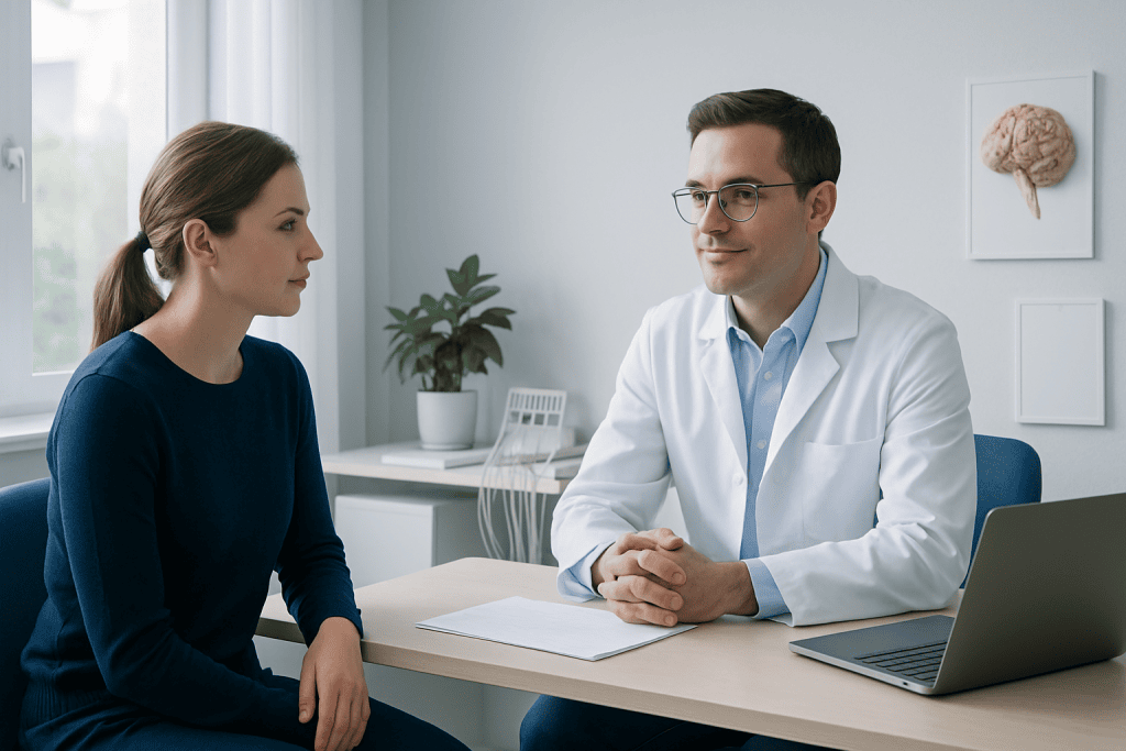 Neurophysiologist consulting with a patient in a modern clinic setting.