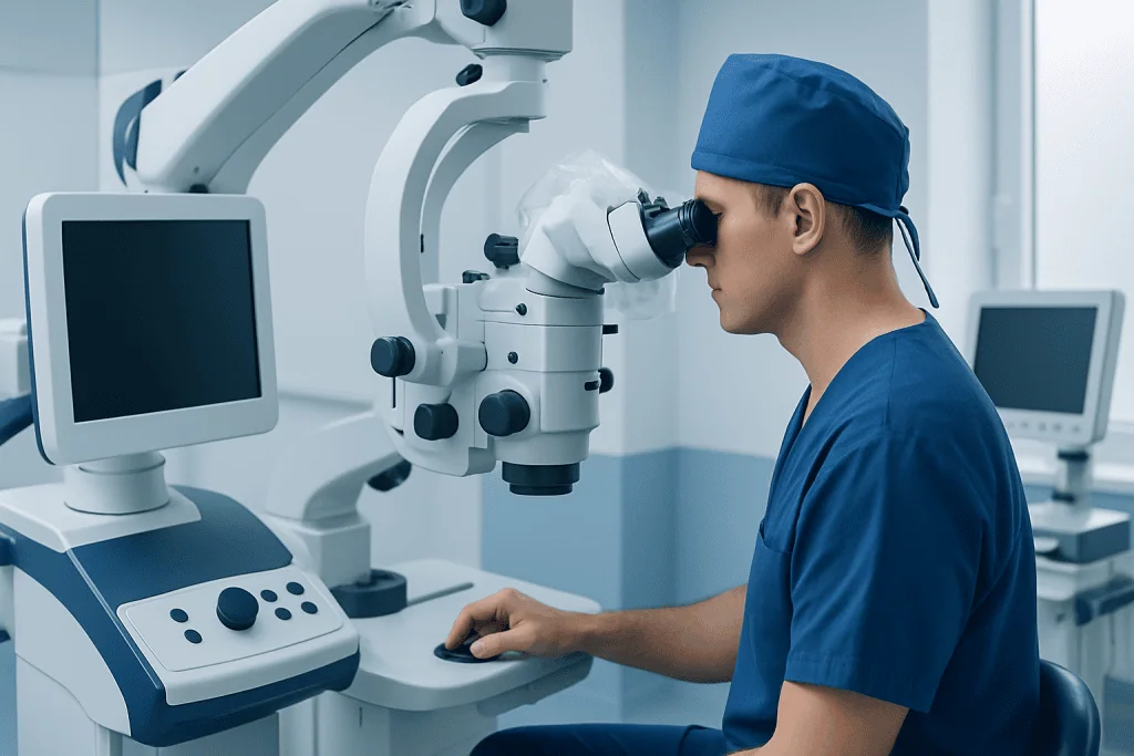 Surgeon using a microscope in a modern hospital operating room.