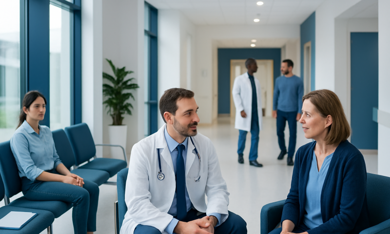 Endocrinologist consulting with a patient in a modern hospital corridor.
