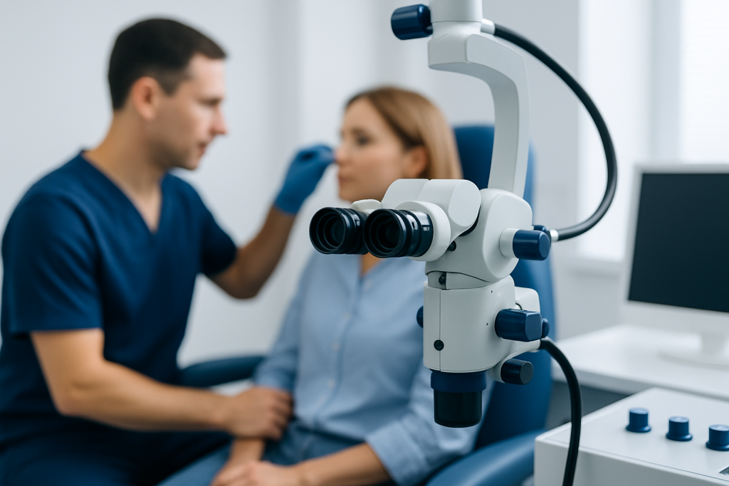 ENT doctor examining a patient with specialized medical equipment at Acibadem Hospitals.