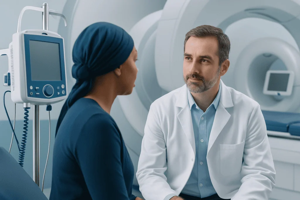 Doctor consulting patient in a hospital MRI room at Acibadem Hospitals Group.