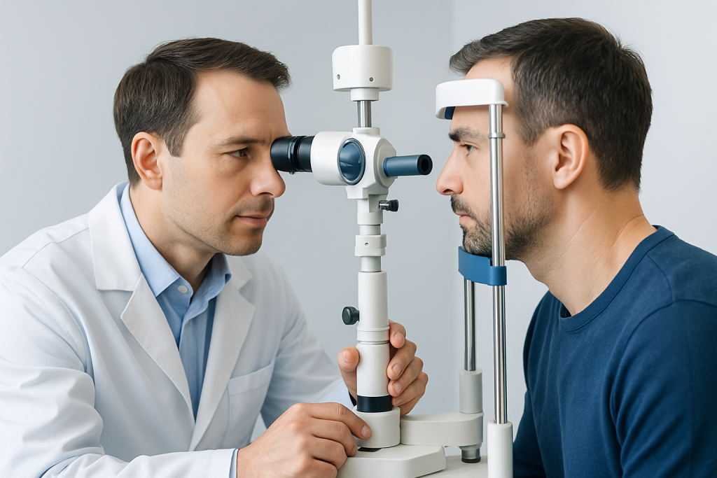 Optometrist performs eye exam using slit lamp with patient.