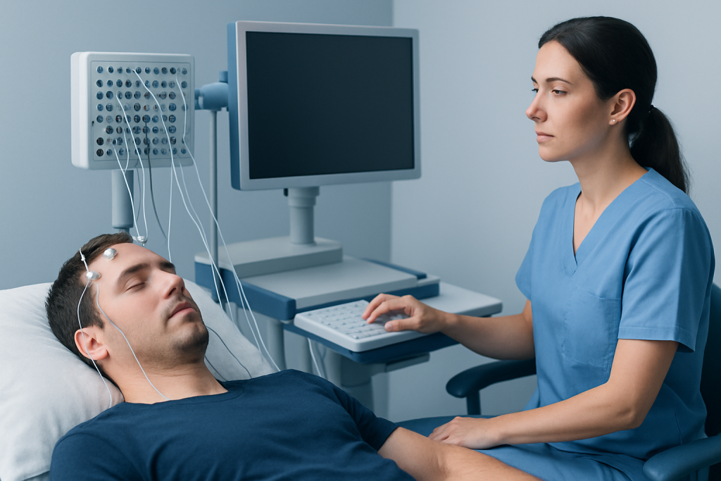 Patient undergoing neurophysiology test with electrodes and monitoring equipment.