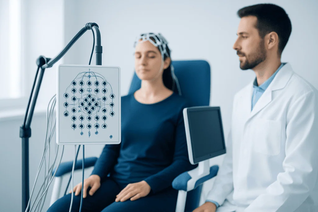 Neurophysiology testing with patient and doctor in a clinical setting.