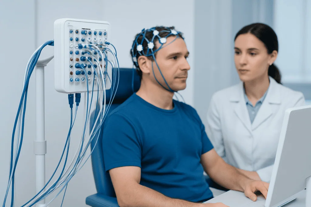 Patient undergoing neurophysiology test with EEG equipment at Acibadem Hospital.