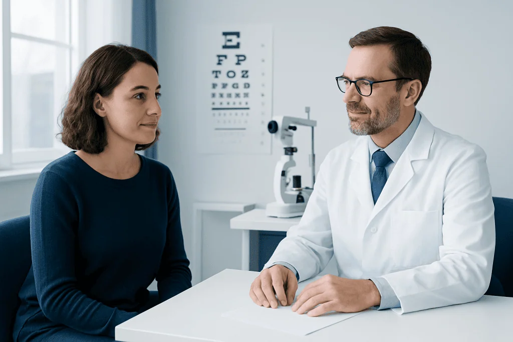 Ophthalmologist consulting with a patient in an eye care clinic.