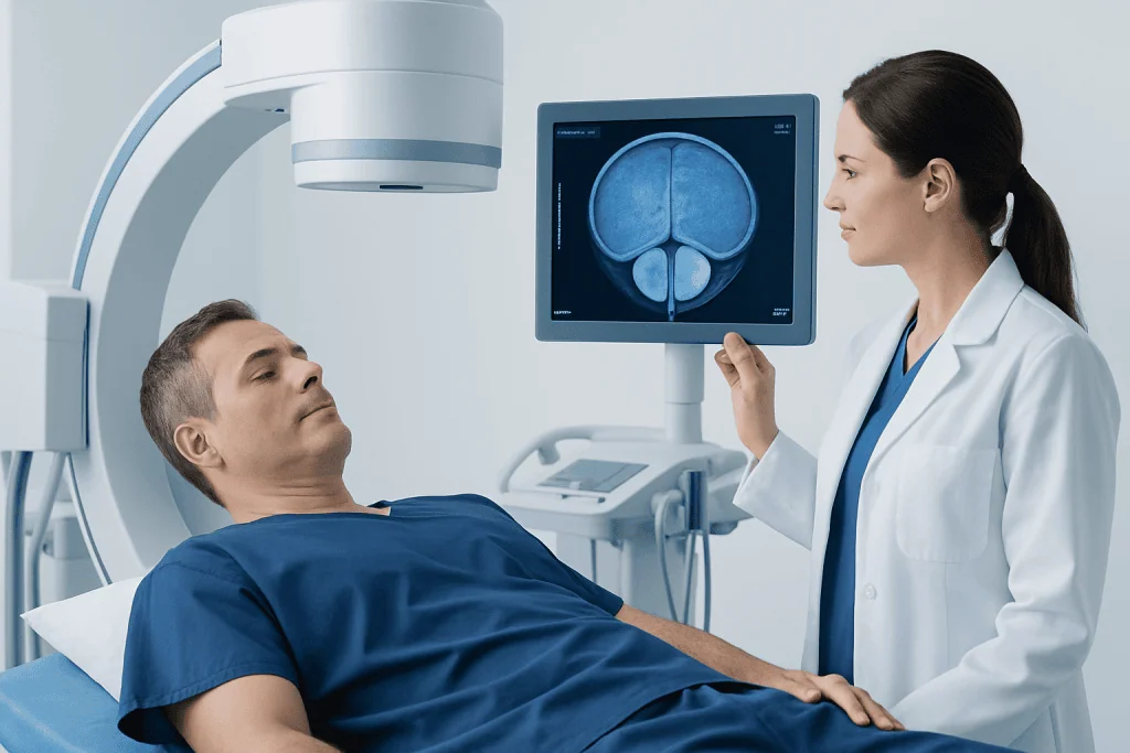 Doctor reviewing prostate scan with patient in hospital setting.