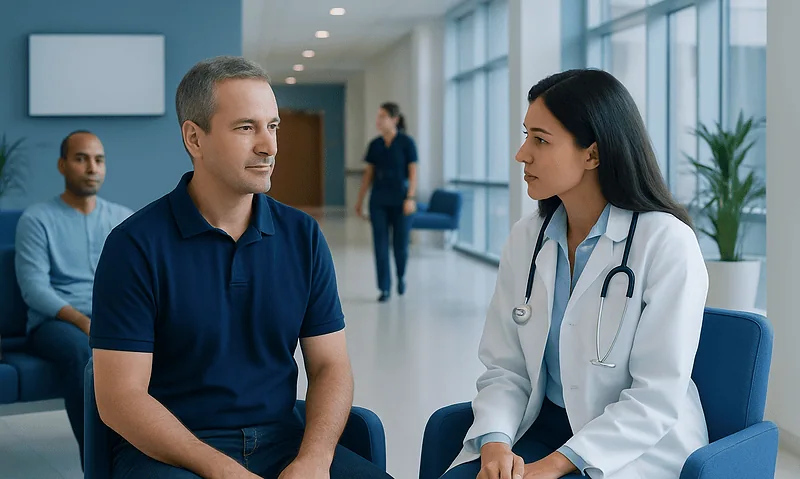 Doctor consulting with a patient in a hospital corridor.
