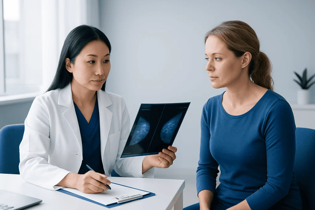 Doctor explains mammogram results to a patient in a clinical setting.