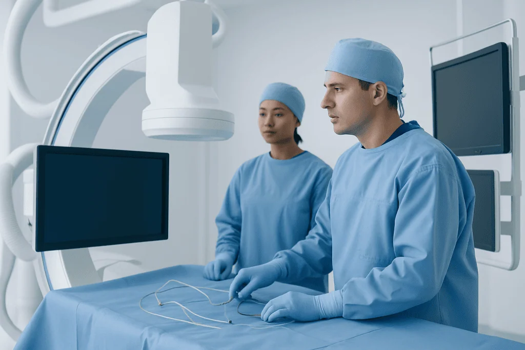Interventional neuroradiology team performing a procedure in a modern hospital.