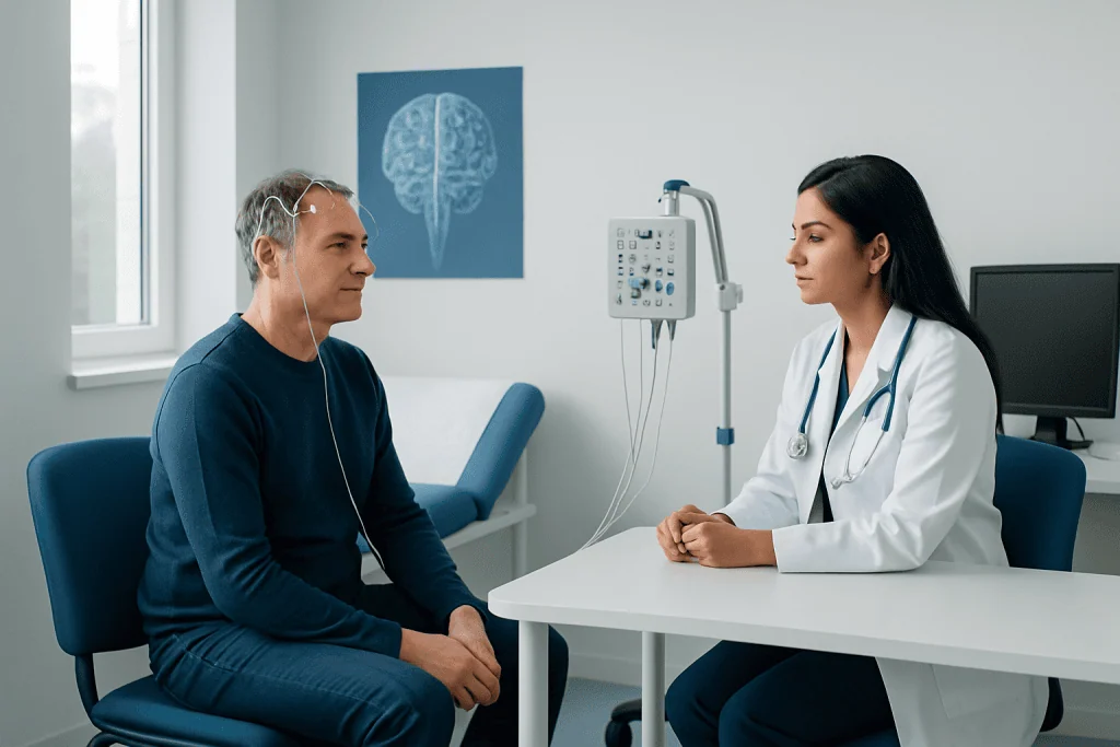 Doctor explains neurophysiology tests to patient in clinic room.