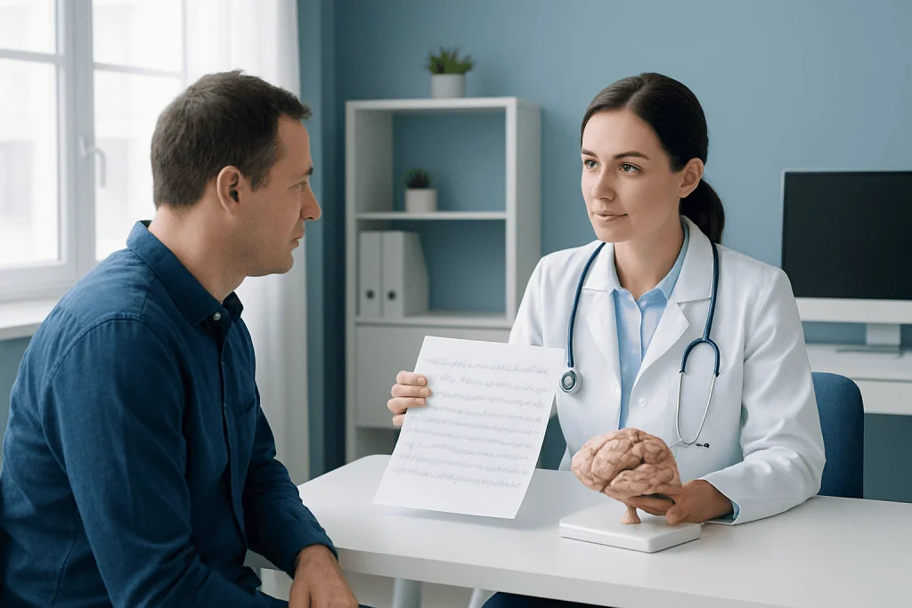 Doctor explaining neurophysiology tests to patient in clinic setting.
