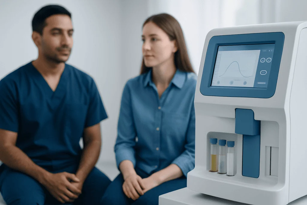 Medical professionals discussing kidney function tests with diagnostic equipment present.