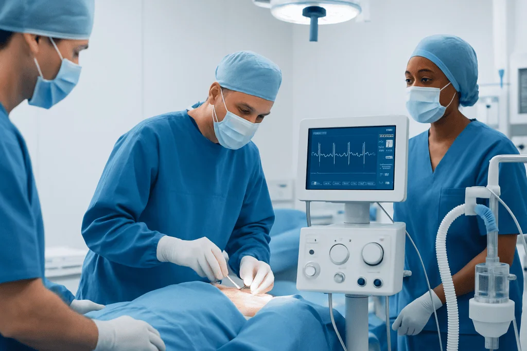 Surgeons performing coronary bypass surgery in a hospital operating room.