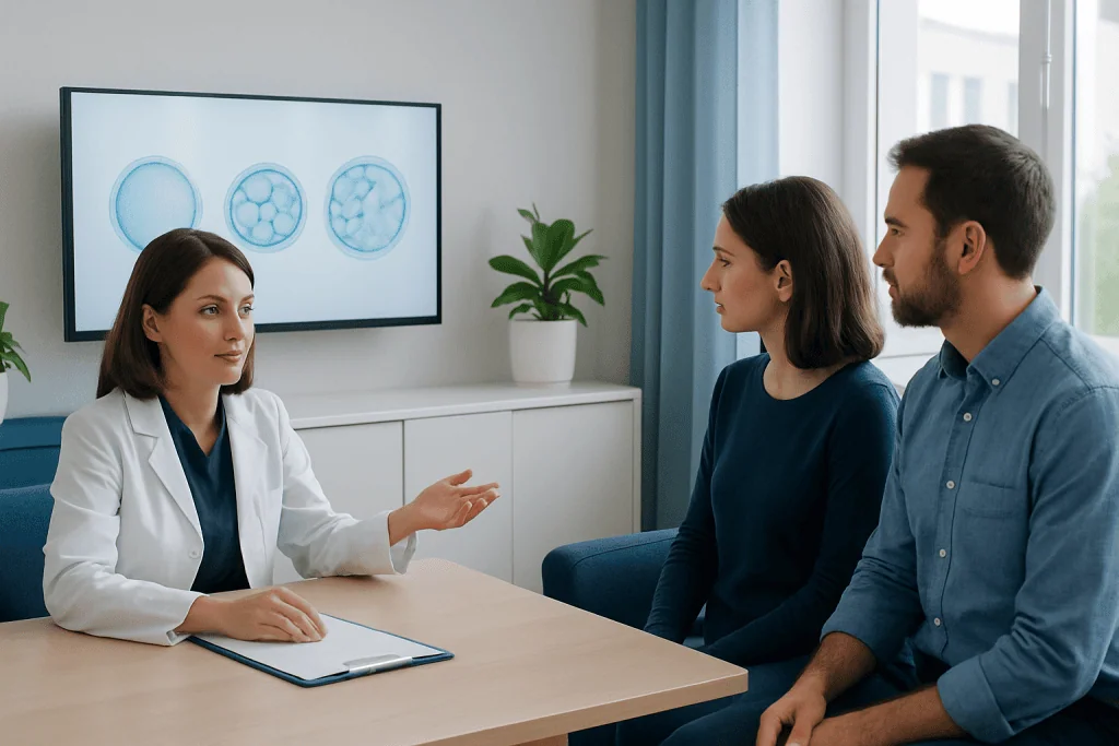 Fertility specialist discussing embryo grading with patients in clinic.