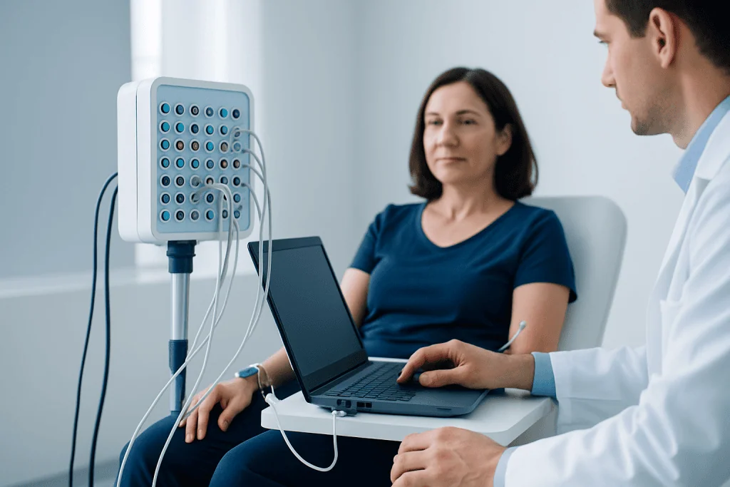 Medical professional performing nerve conduction study on patient in clinic.