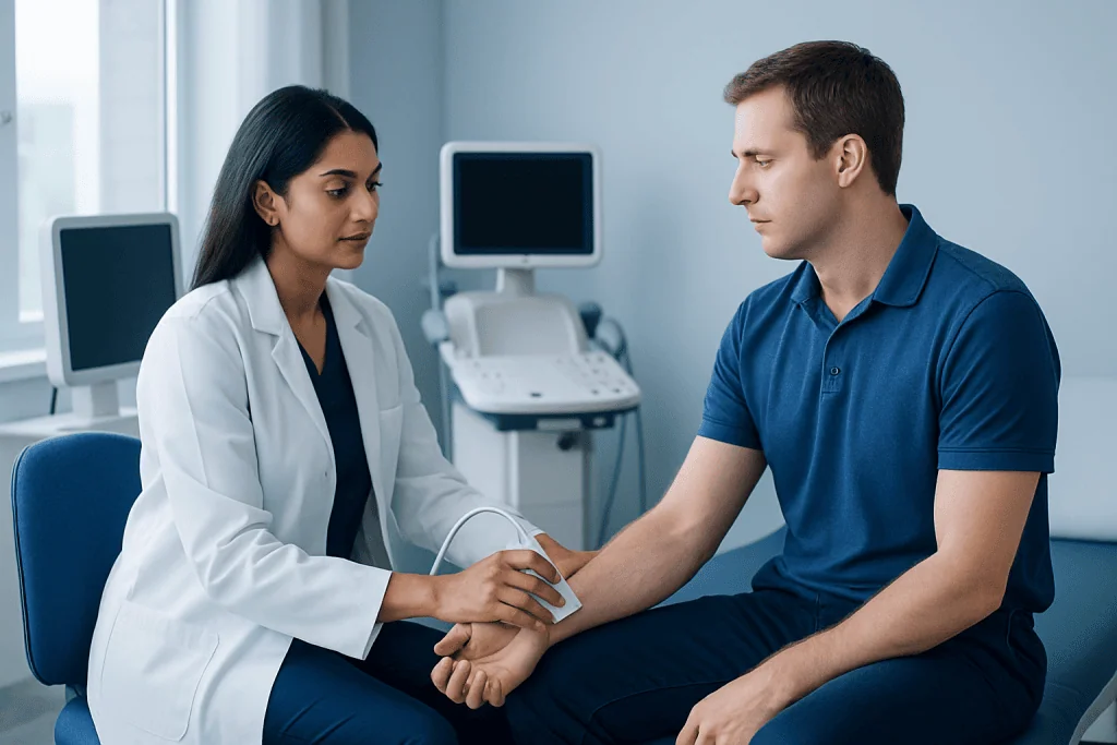 Doctor performing nerve test on patient in medical clinic.