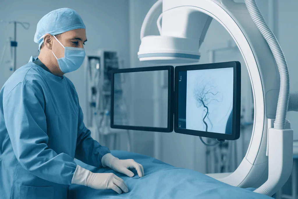 Interventional neurosurgeon operating endovascular equipment in a modern hospital.