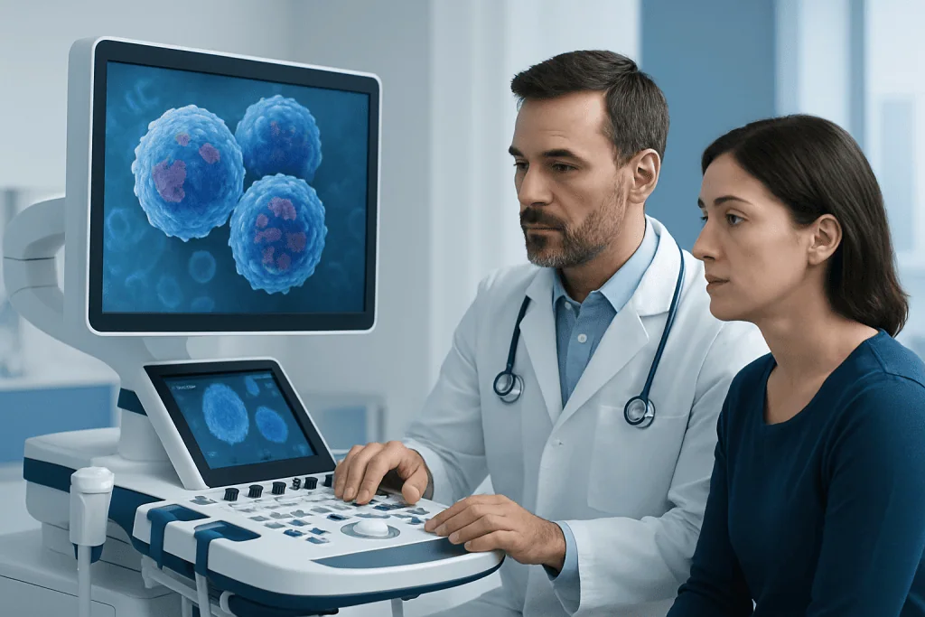 Medical professionals analyze cancer cells on ultrasound and monitor screens.