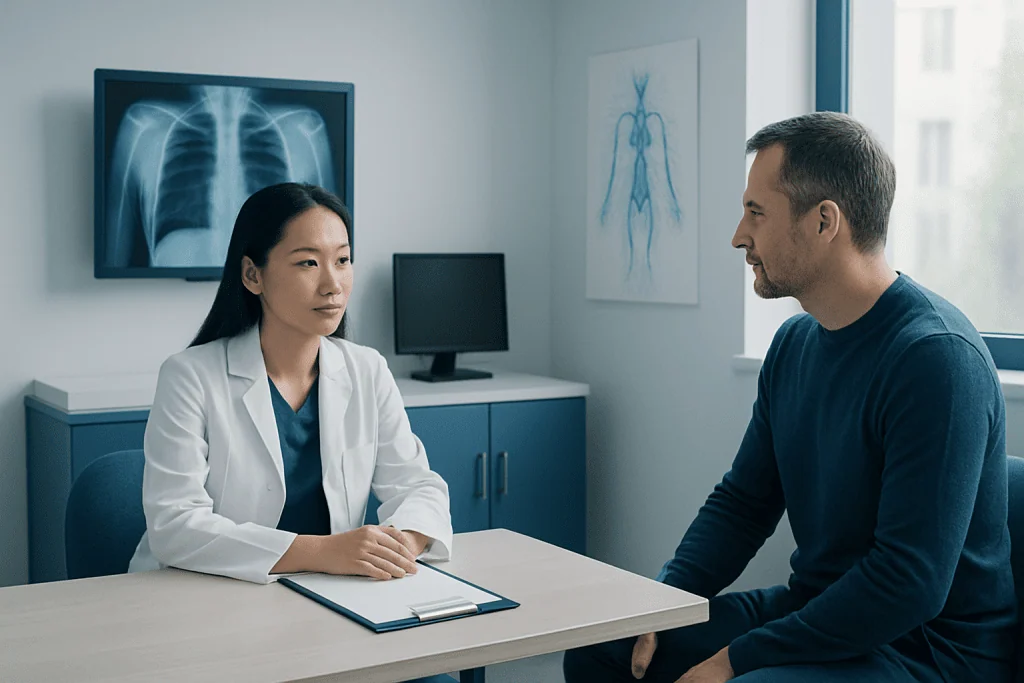 Doctor consulting with male patient in a modern hospital room.