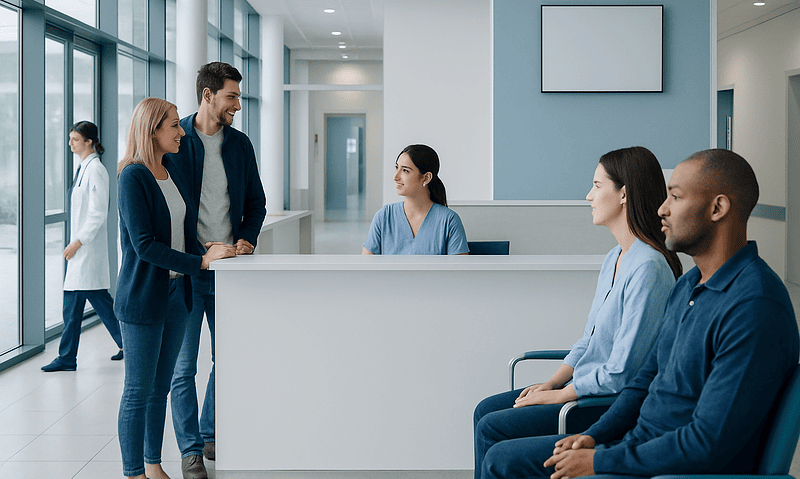 Patients waiting at Acibadem Hospital reception with staff assistance.