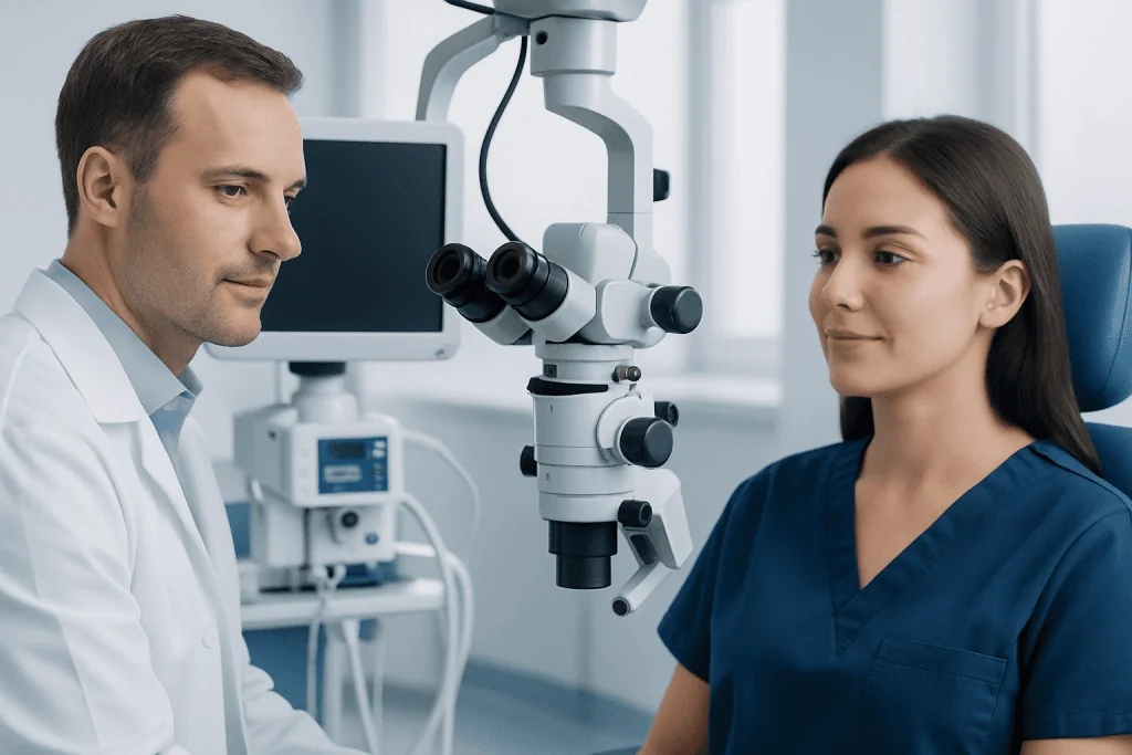 ENT specialist examining a patient with advanced medical equipment.