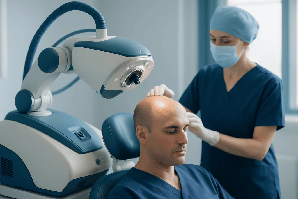Hair transplant procedure using advanced laser technology at Acibadem Hospital.