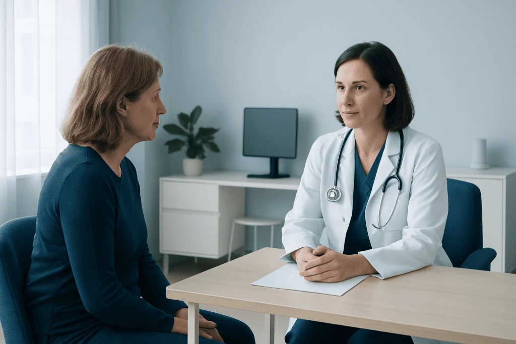 Doctor consulting with a female patient in a modern medical office.