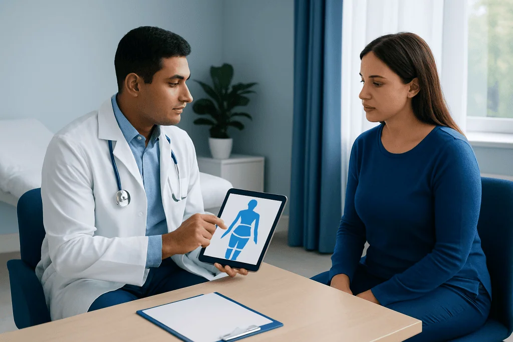 Doctor explaining body diagram to patient in consultation room.