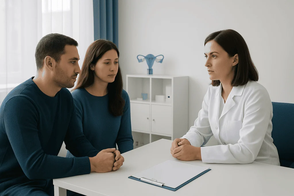 Doctor consulting with a couple about fertility and pregnancy tests at a clinic.