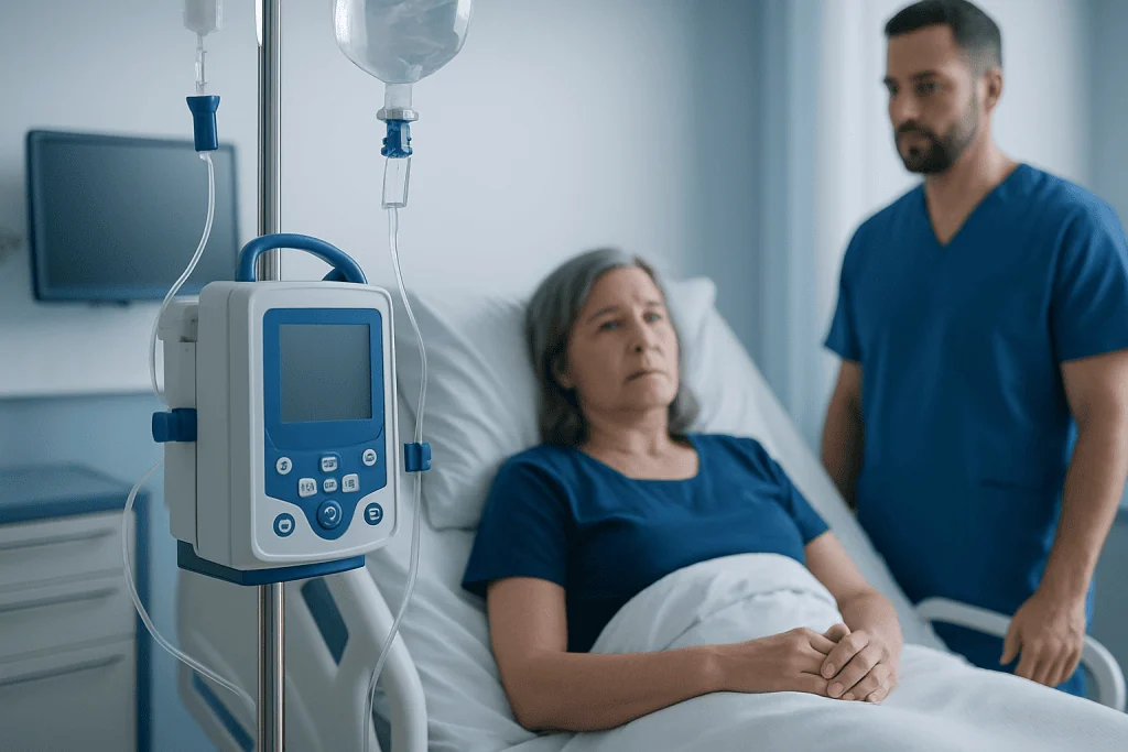 Hospital patient receiving medical care with IV drip and monitoring equipment.