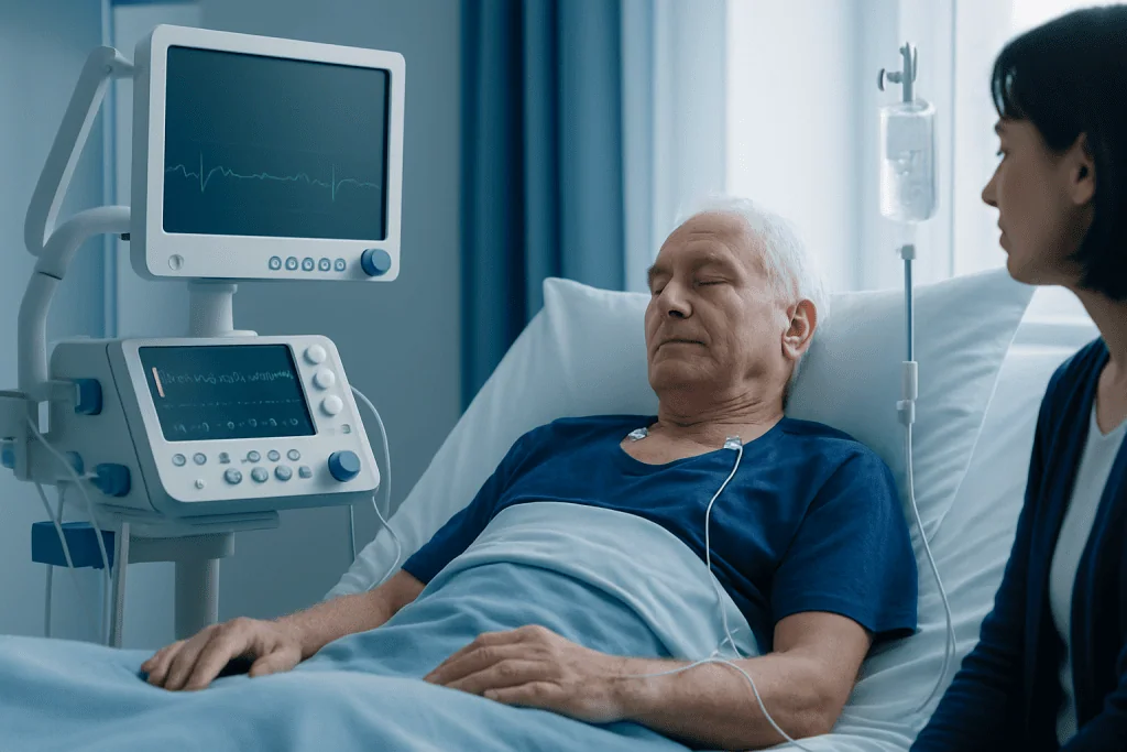 Older man in hospital bed with heart monitor and IV drip.