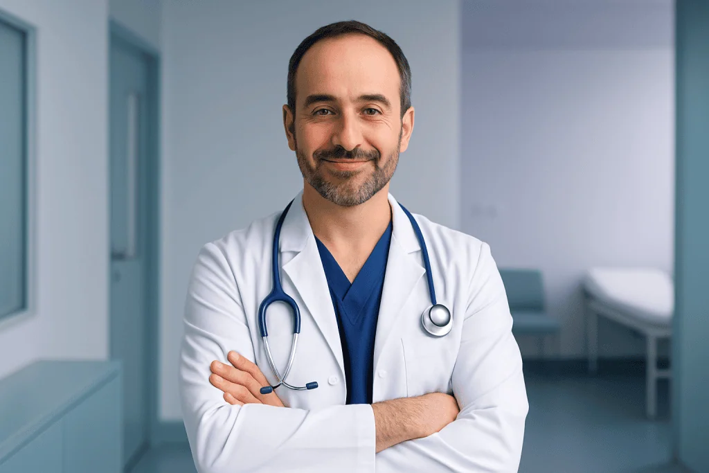 What Families Should Understand Before Shoulder Surgery Through Advanced Treatment Planning 1 Doctor in white coat with stethoscope in hospital corridor.