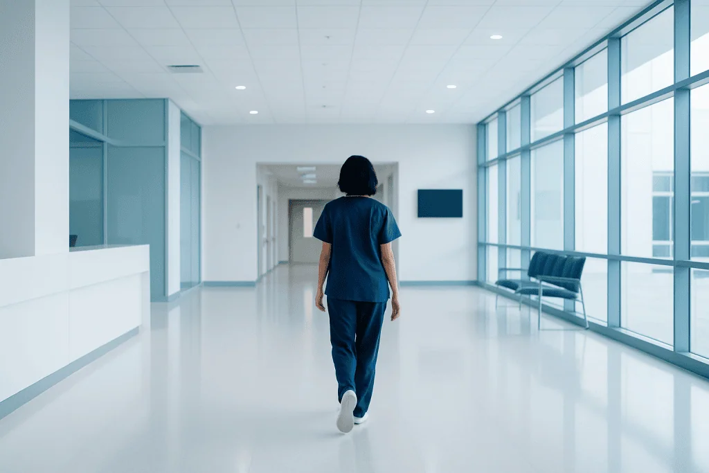 What Families Should Understand Before Tummy Tuck Surgery with Multidisciplinary Teams 1 Healthcare professional walking in a modern hospital corridor.