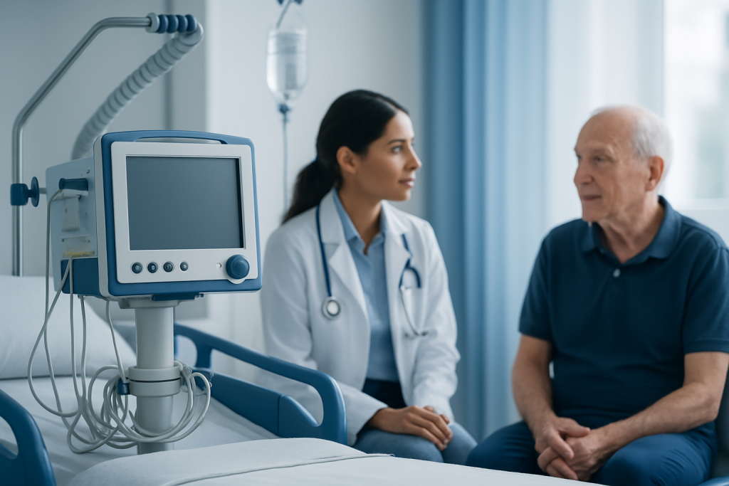 Doctor consulting elderly patient in hospital room with medical equipment.