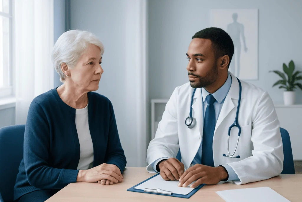 Doctor consulting with elderly woman in a medical office.