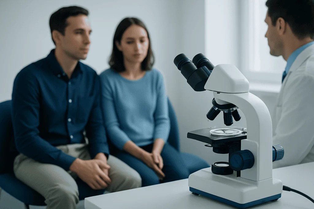 Doctor explains fertility options to a couple in a clinic setting.