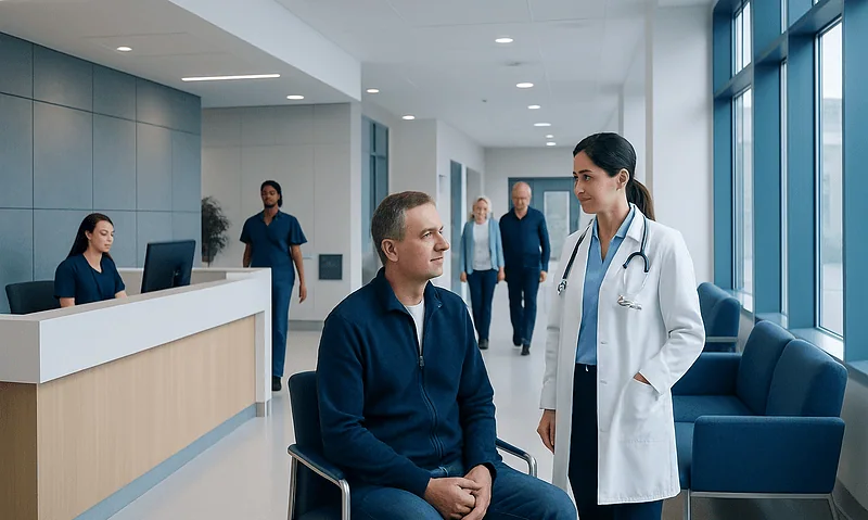 Patient consulting with a doctor in a modern hospital lobby.