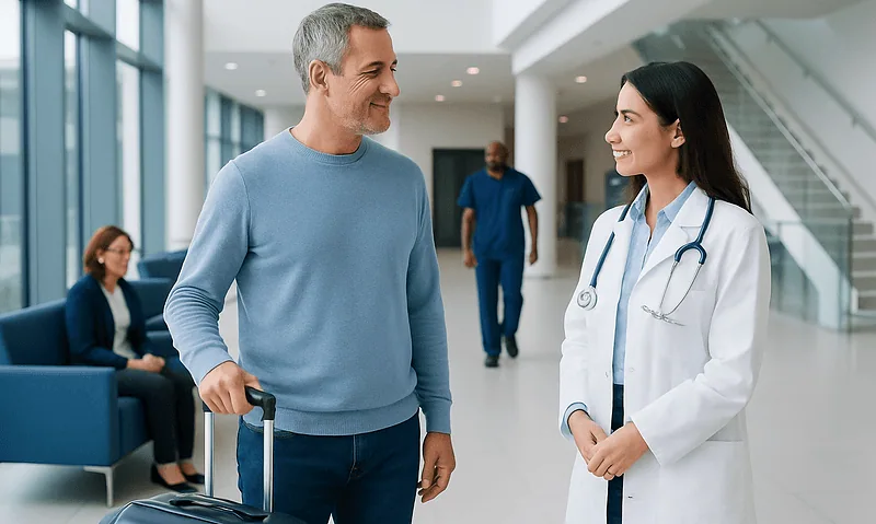 Smiling patient with luggage talking to a doctor in hospital lobby.