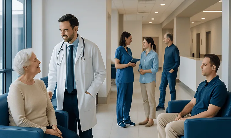 Healthcare professionals and patients in a hospital waiting area.
