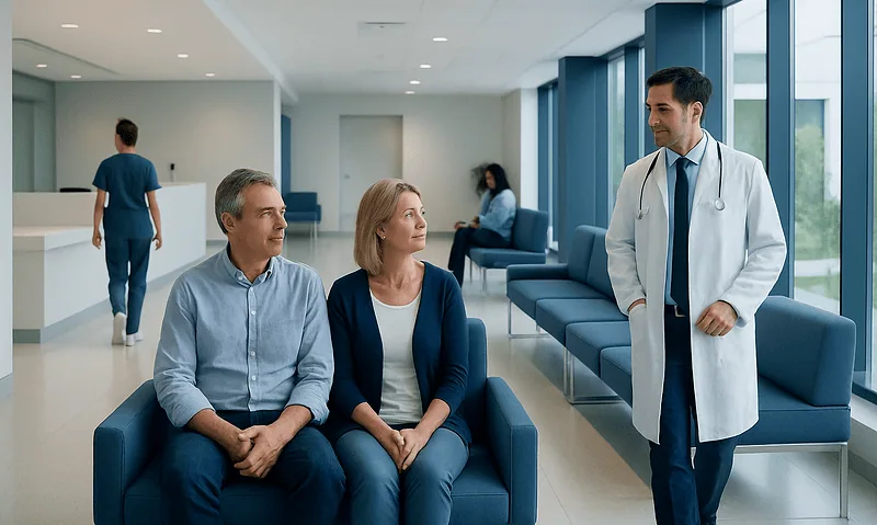 Doctor consulting with patients in a modern hospital waiting area.
