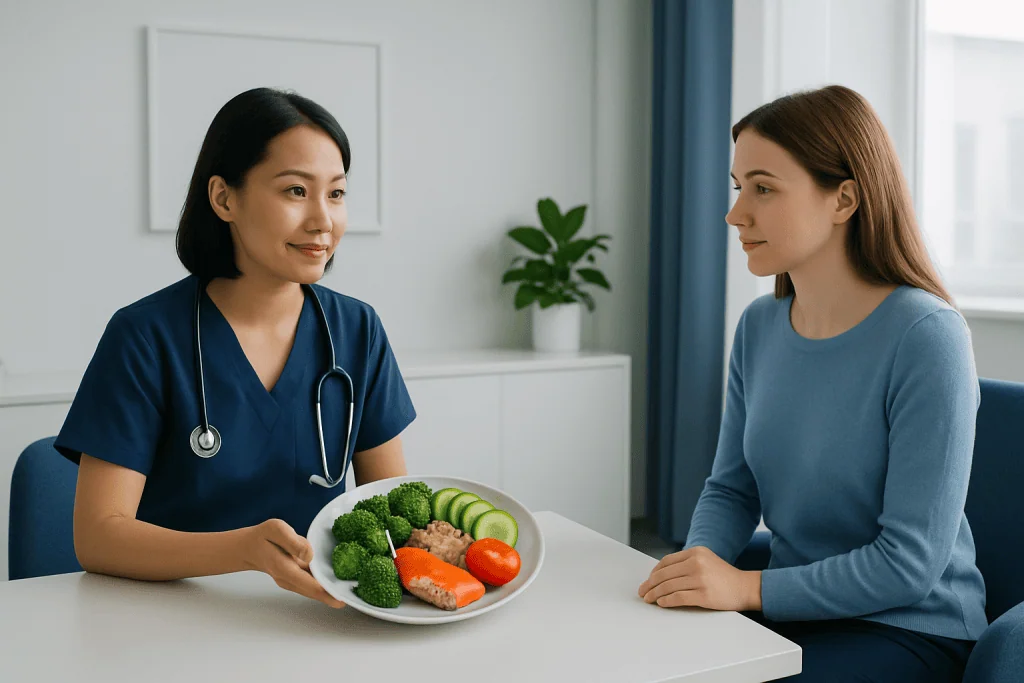 Healthcare professional offering healthy vegetables to a patient in a consultation room.