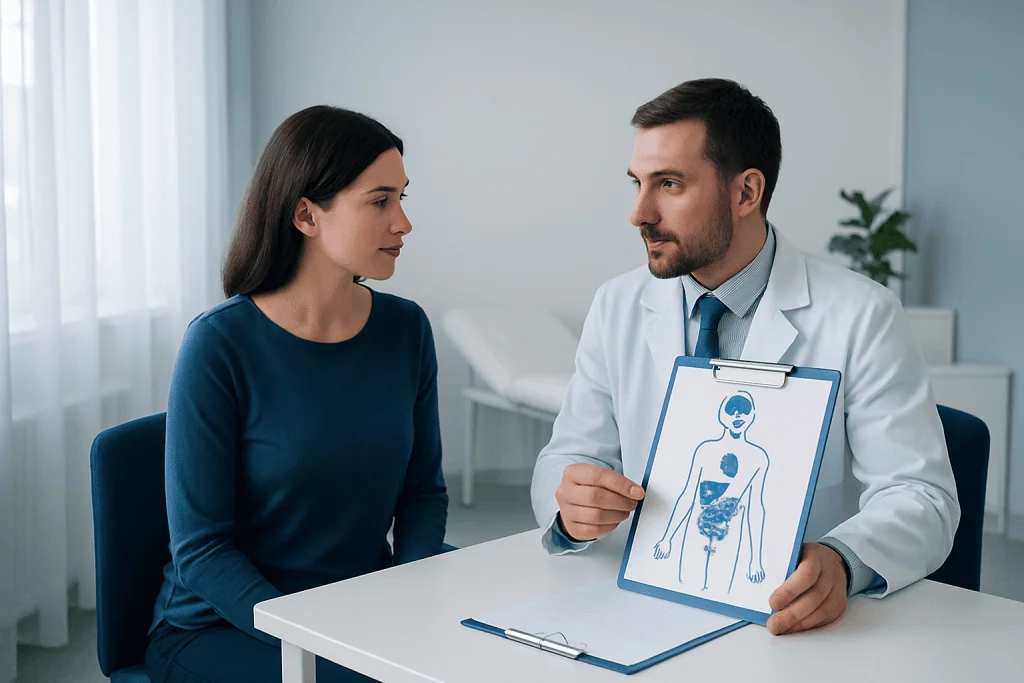 Doctor explaining hormone function to a patient in a medical consultation.