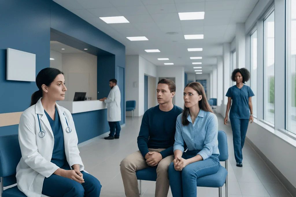 Genetic Testing in Turkey: Samples, Consent, and Timelines 1 Patients waiting in a hospital corridor for genetic testing consultation.