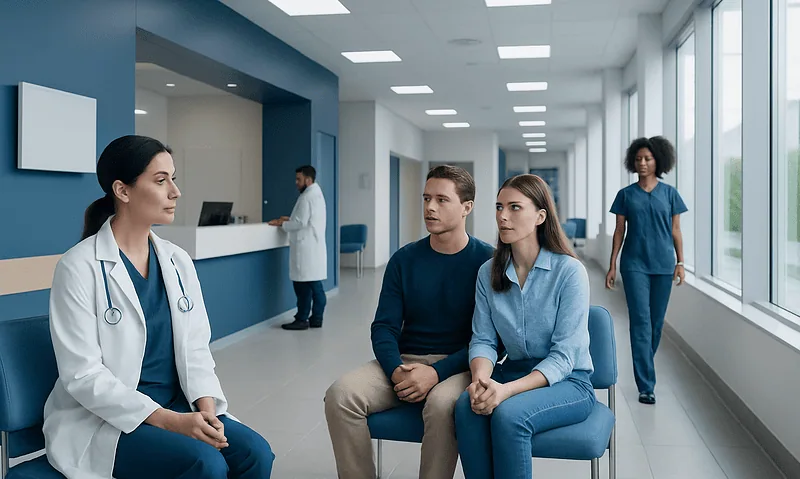 Patients waiting in a hospital corridor for genetic testing consultation.